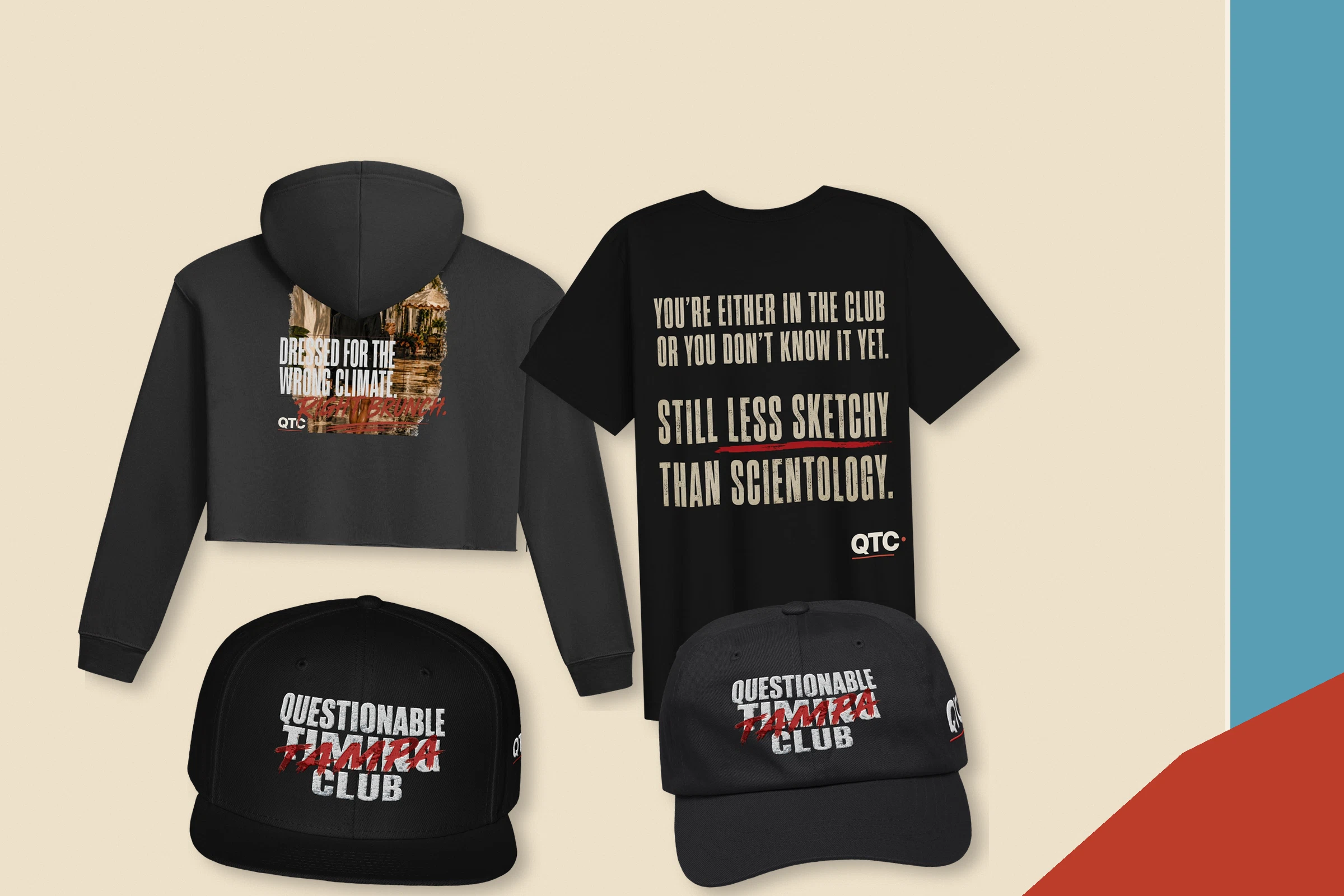 Current QTC Tampa apparel and hats arranged together