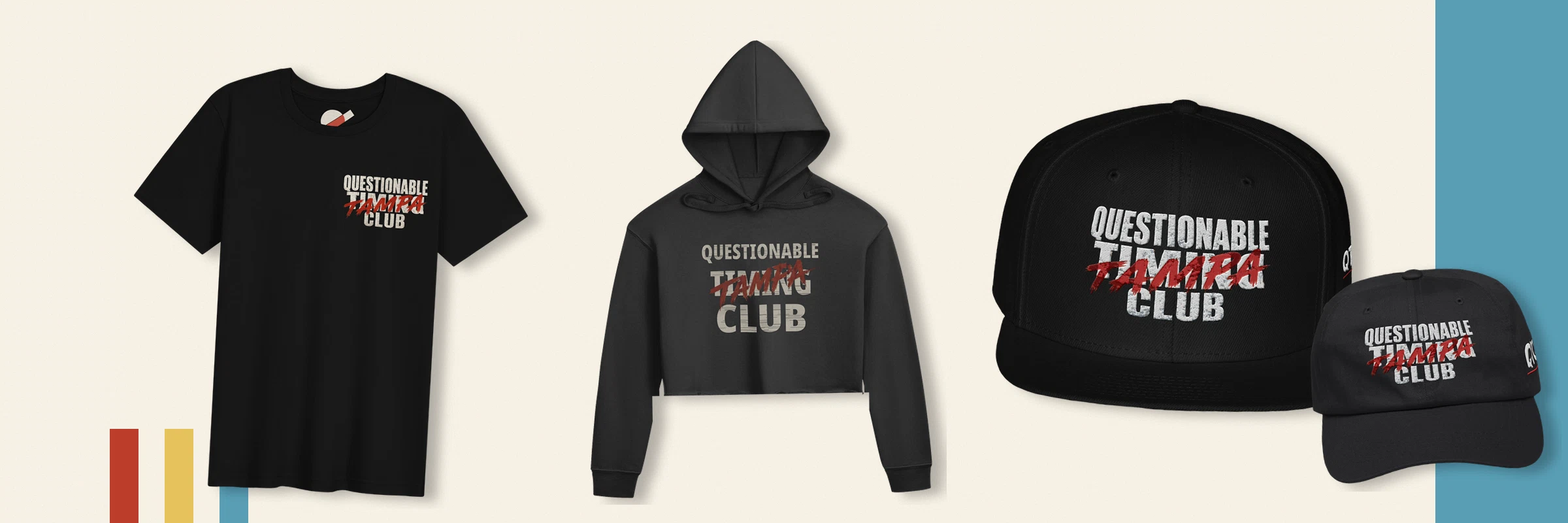 Current QTC Tampa apparel and hats arranged together