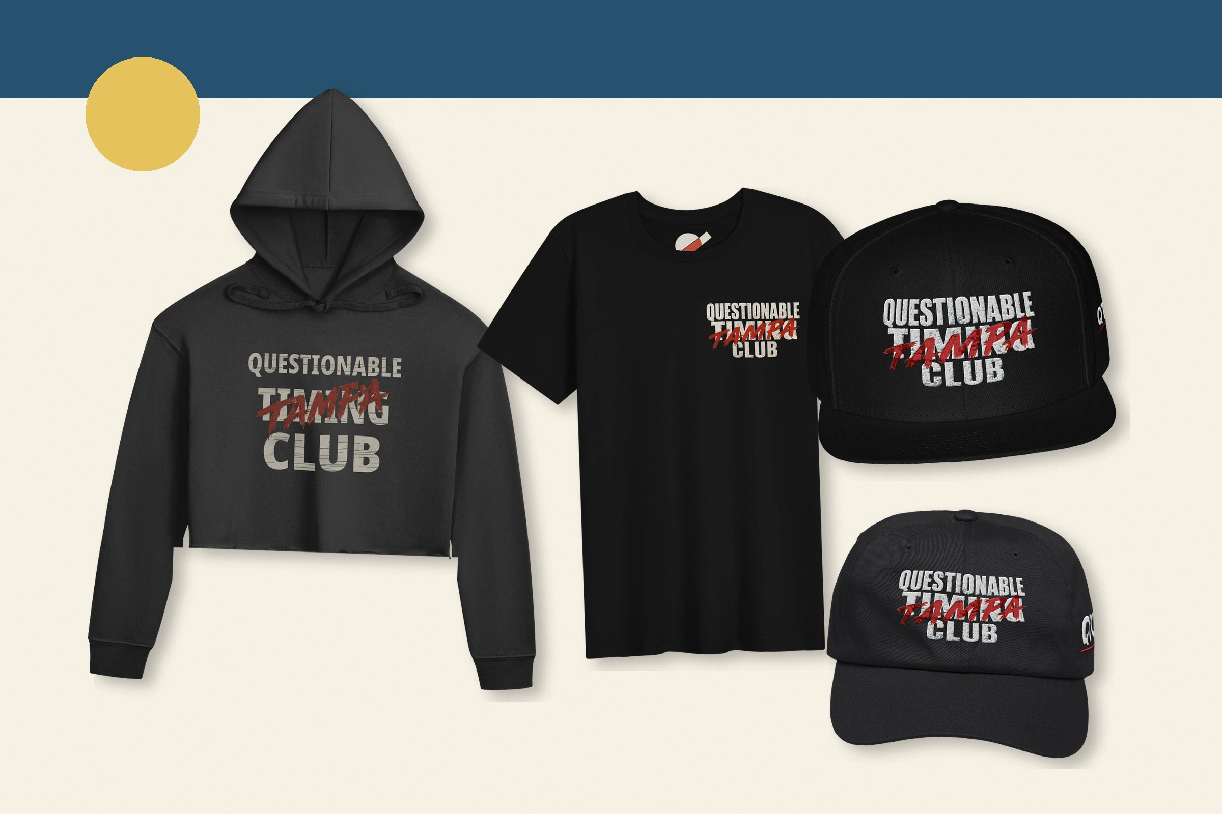 Current QTC Tampa apparel and hats arranged together