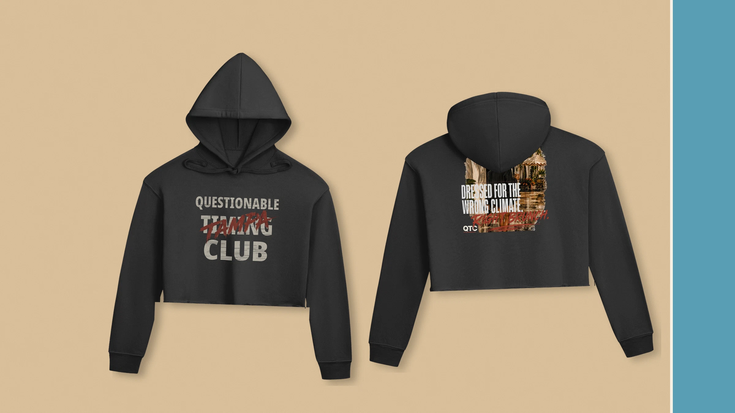 Wrong Climate Cropped Hoodie, Black, editorial front and back view